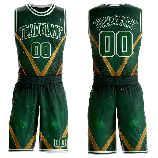 Custom Green Yellow-White Nebula Starry Galaxy Space Round Neck Sublimation Basketball Uniform Jersey - Main View