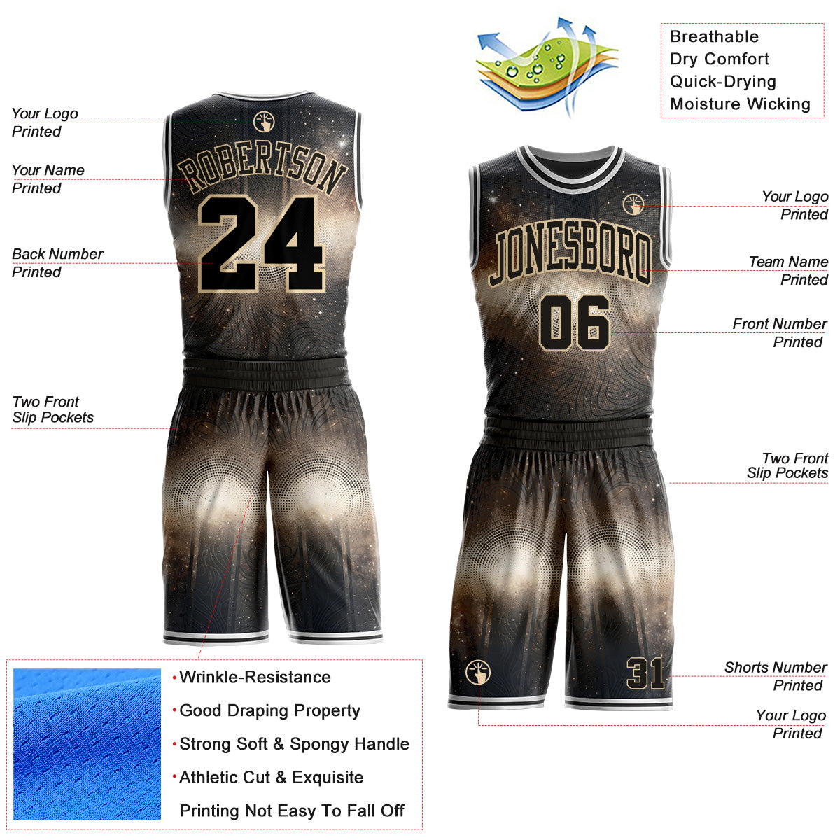 Custom Gray Black City Cream-White Nebula Starry Galaxy Space Geometric Dot Round Neck Sublimation Basketball Uniform Jersey view 2