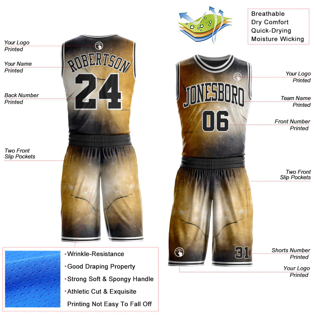 Custom Yellow Black-White Nebula Starry Galaxy Space Round Neck Sublimation Basketball Uniform Jersey view 2