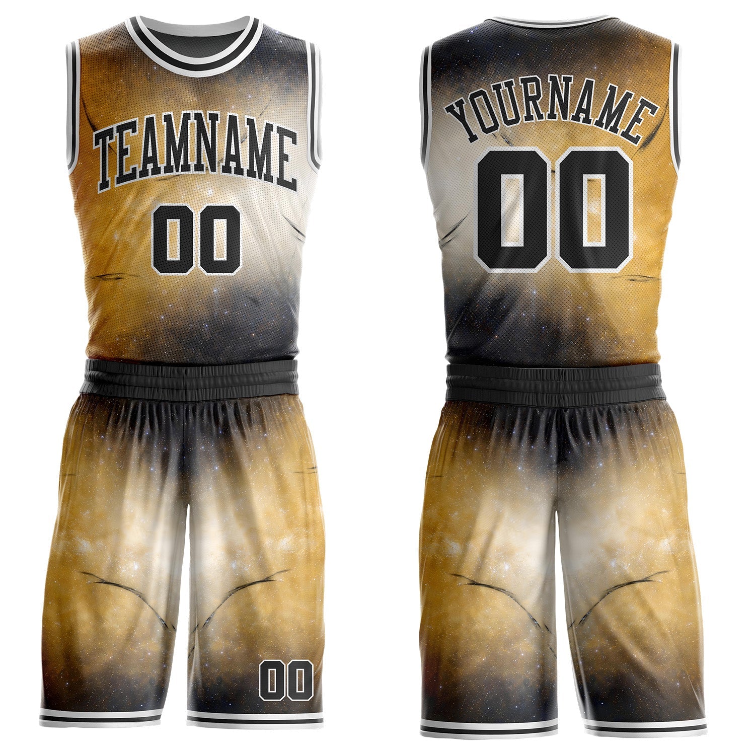 Custom Yellow Black-White Nebula Starry Galaxy Space Round Neck Sublimation Basketball Uniform Jersey - Main View