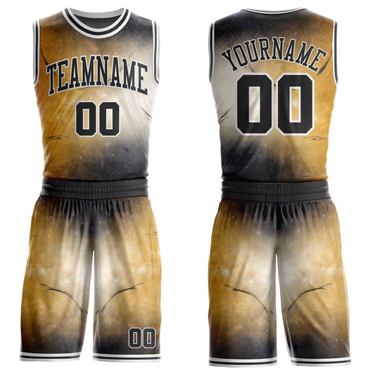 Custom Yellow Black-White Nebula Starry Galaxy Space Round Neck Sublimation Basketball Uniform Jersey - Main View