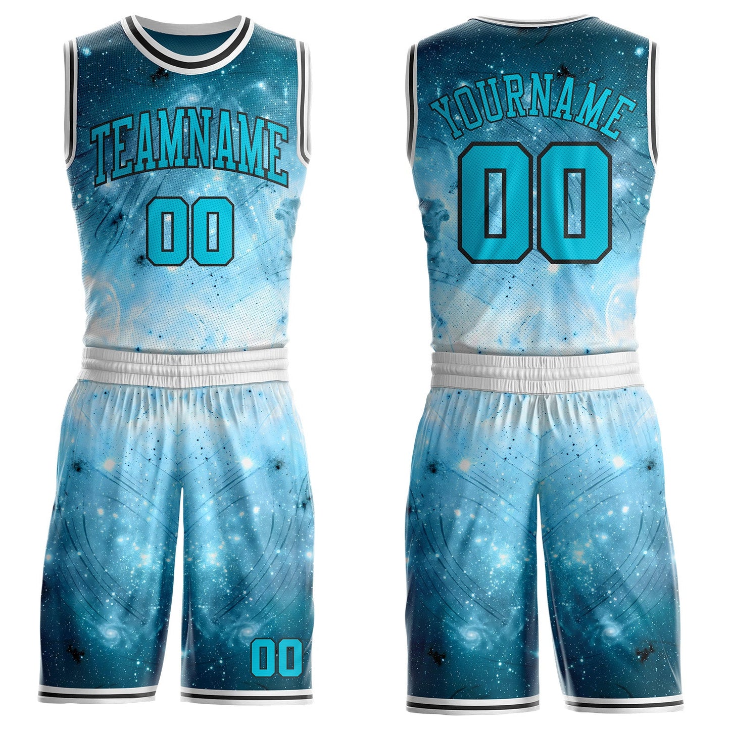 Custom Blue Lakes Blue Black-White Nebula Starry Galaxy Space Round Neck Sublimation Basketball Uniform Jersey - Main View