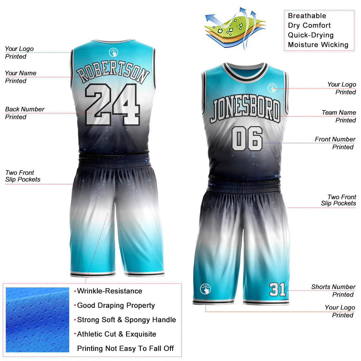 Custom Blue White Gray-Black Nebula Starry Galaxy Space Round Neck Sublimation Basketball Uniform Jersey view 2