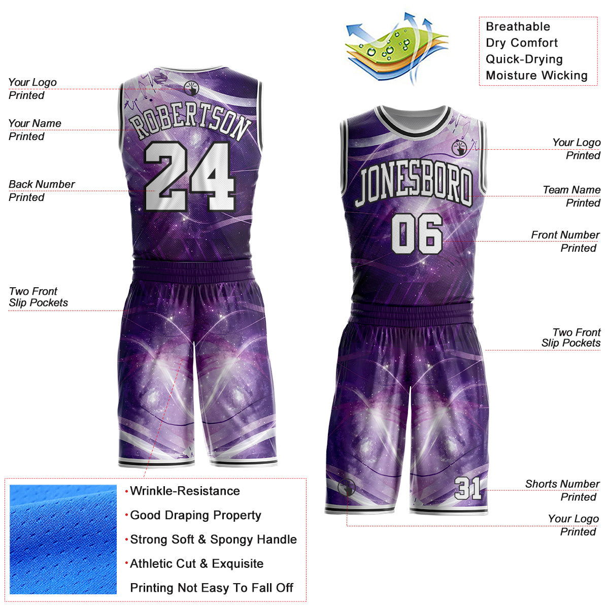 Custom Purple White-Black Nebula Starry Aurora Galaxy Space Round Neck Sublimation Basketball Uniform Jersey view 2