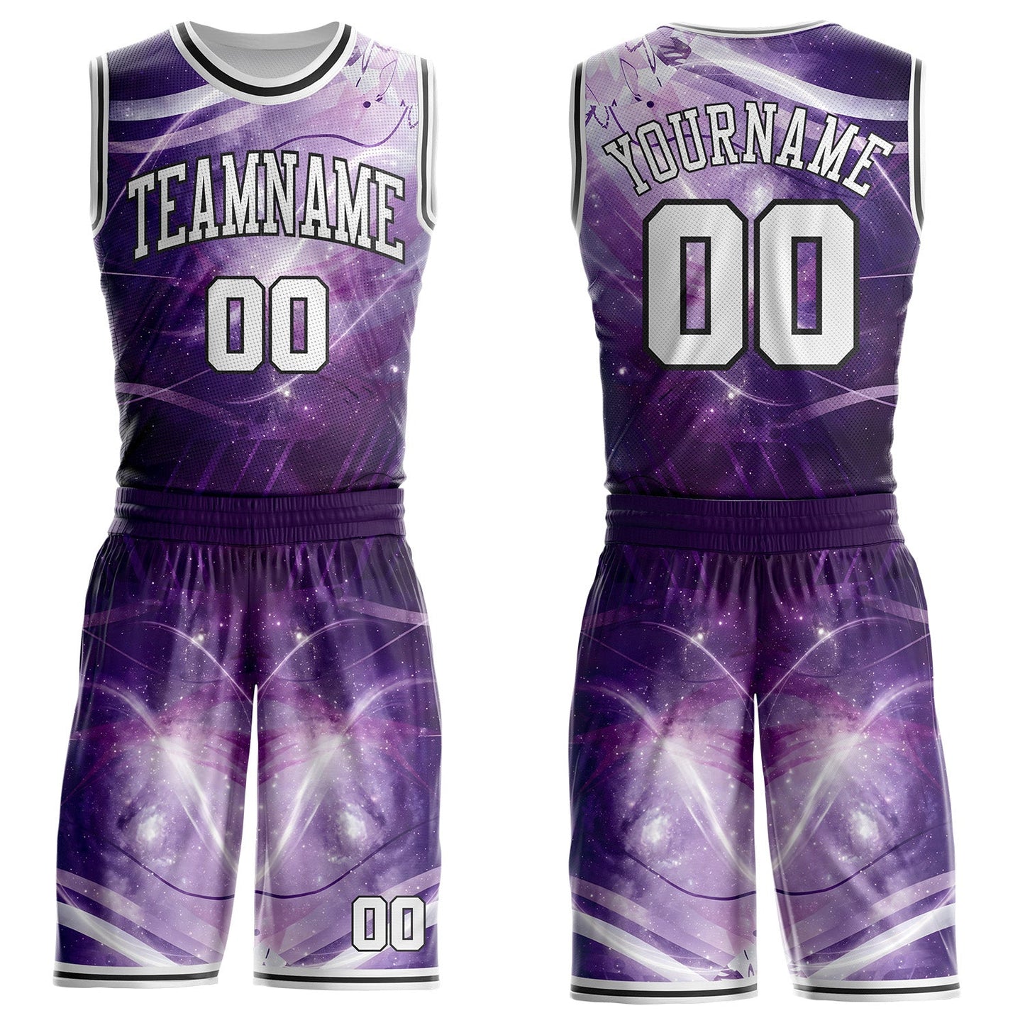 Custom Purple White-Black Nebula Starry Aurora Galaxy Space Round Neck Sublimation Basketball Uniform Jersey - Main View