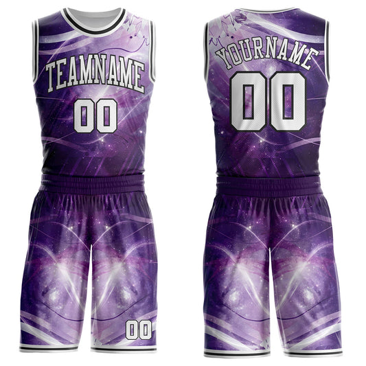 Custom Purple White-Black Nebula Starry Aurora Galaxy Space Round Neck Sublimation Basketball Uniform Jersey - Main View