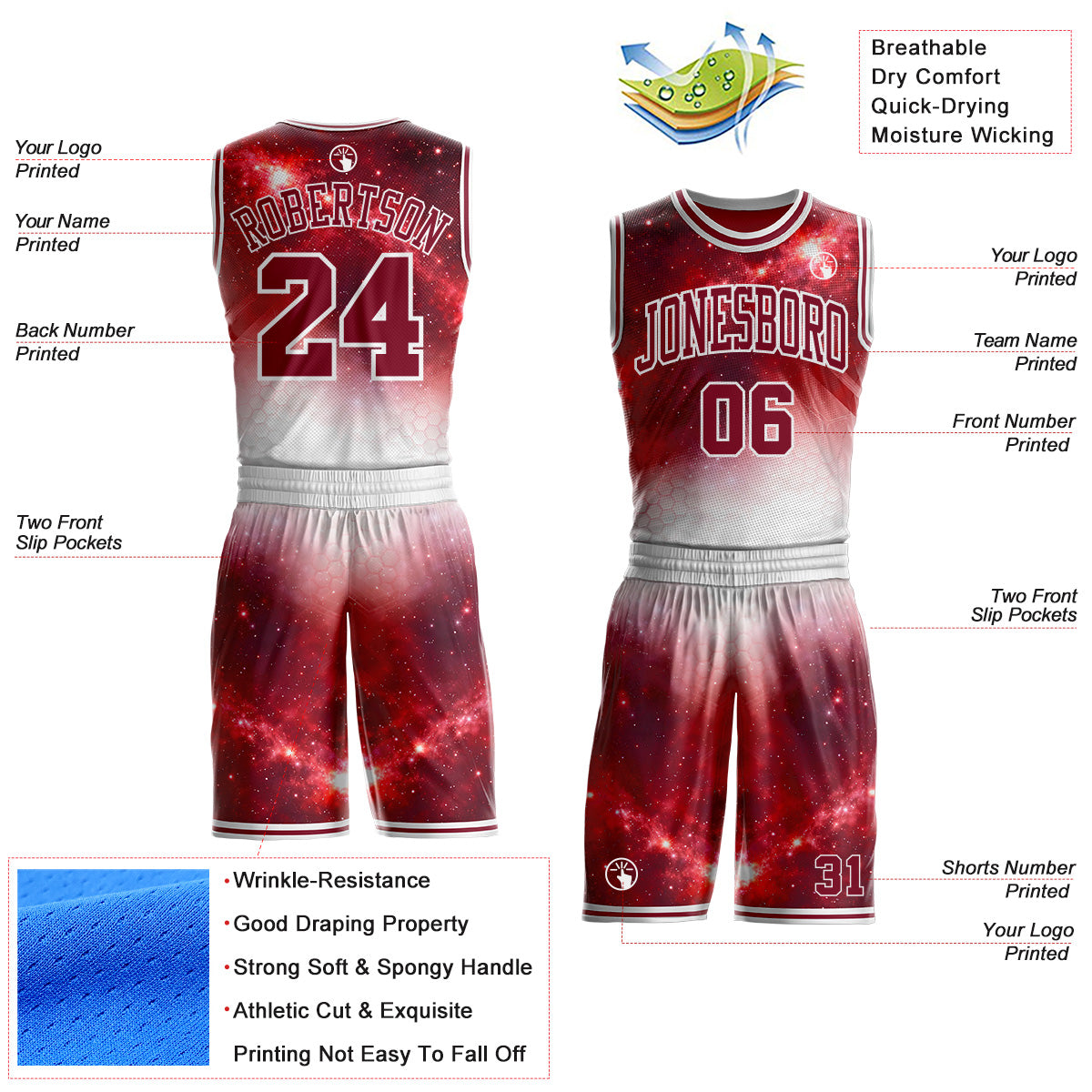 Custom Crimson-White Nebula Starry Galaxy Space Round Neck Sublimation Basketball Uniform Jersey view 2