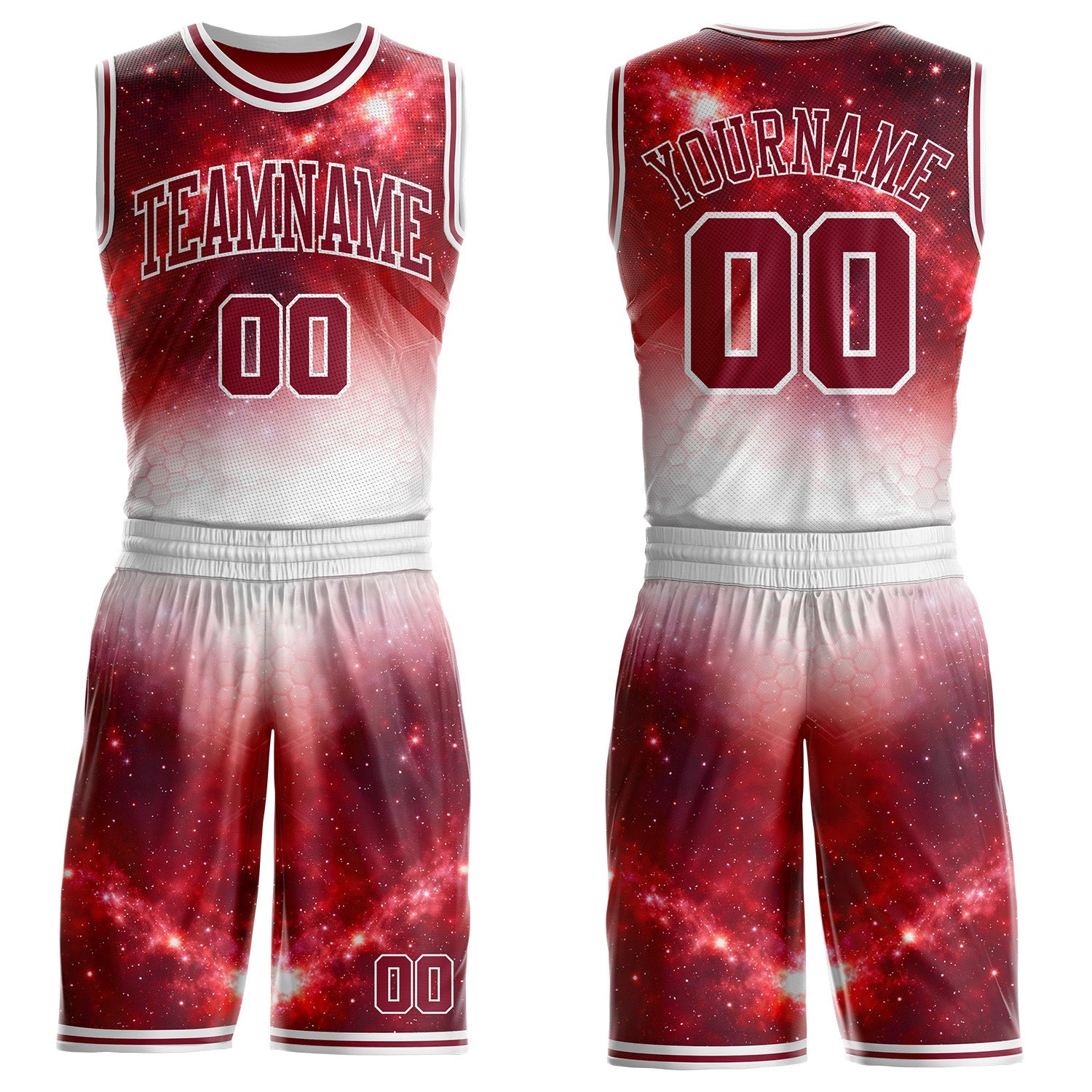 Custom Crimson-White Nebula Starry Galaxy Space Round Neck Sublimation Basketball Uniform Jersey - Main View