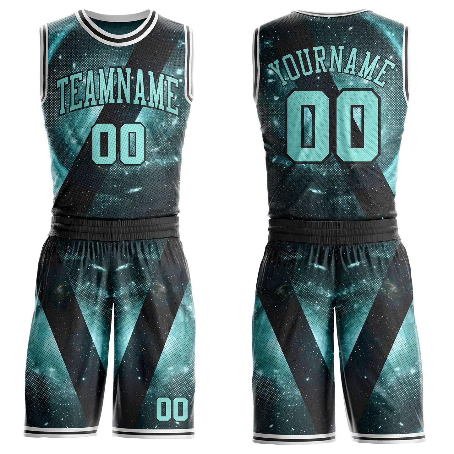 Custom Black Ice Blue-White Nebula Starry Galaxy Space Round Neck Sublimation Basketball Uniform Jersey - Main View