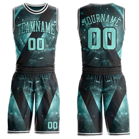 Custom Black Ice Blue-White Nebula Starry Galaxy Space Round Neck Sublimation Basketball Uniform Jersey - Main View