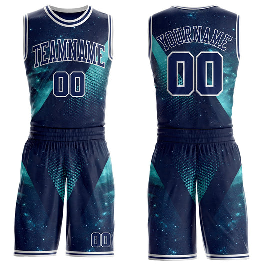 Custom Blue Navy-White Nebula Starry Galaxy Space Round Neck Sublimation Basketball Uniform Jersey - Main View