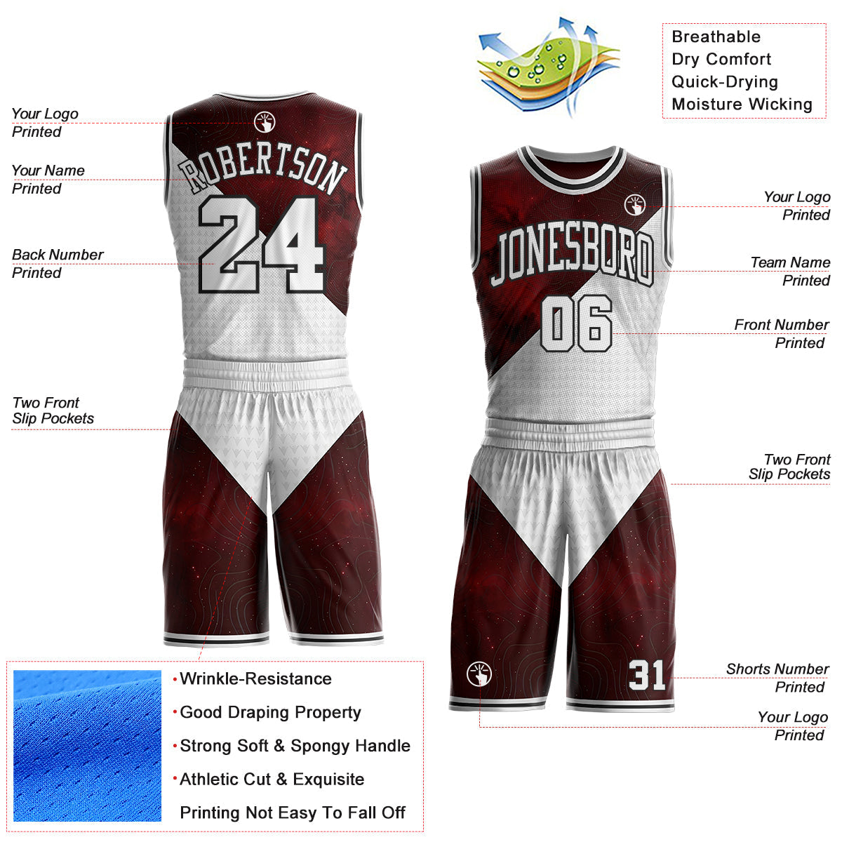 Custom White Red-Black Nebula Starry Galaxy Space Geometric Round Neck Sublimation Basketball Uniform Jersey view 2