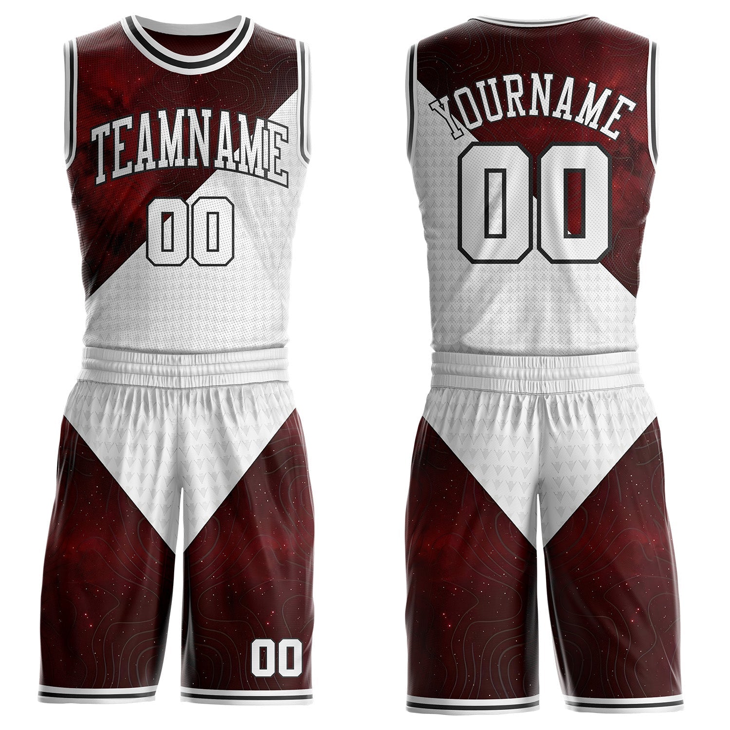 Custom White Red-Black Nebula Starry Galaxy Space Geometric Round Neck Sublimation Basketball Uniform Jersey - Main View
