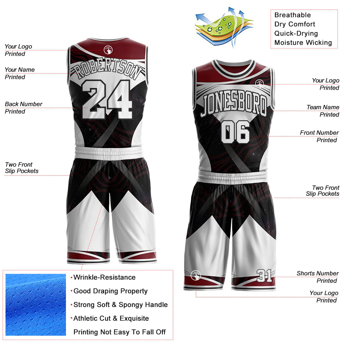 Custom White Red-Black Nebula Starry Galaxy Space Geometric Round Neck Sublimation Basketball Uniform Jersey view 2