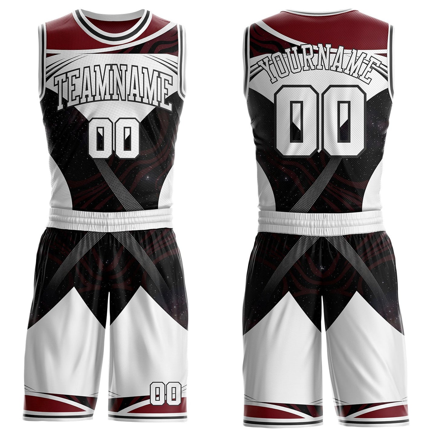 Custom White Red-Black Nebula Starry Galaxy Space Geometric Round Neck Sublimation Basketball Uniform Jersey - Main View