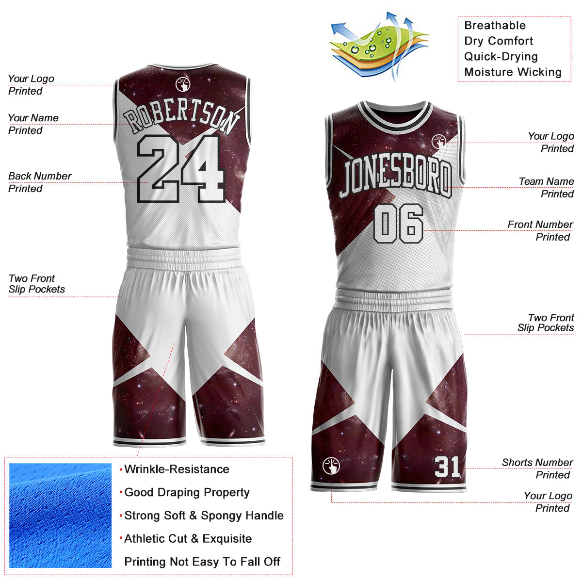 Custom White Red-Black Nebula Starry Galaxy Space Geometric Round Neck Sublimation Basketball Uniform Jersey view 2
