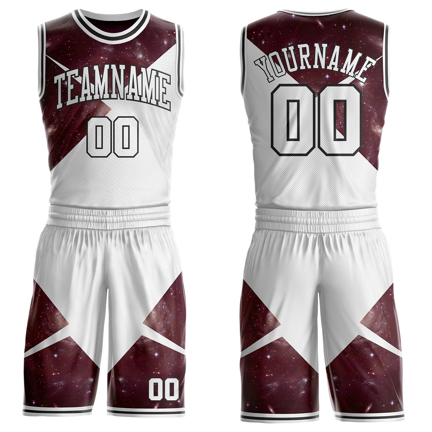 Custom White Red-Black Nebula Starry Galaxy Space Geometric Round Neck Sublimation Basketball Uniform Jersey - Main View