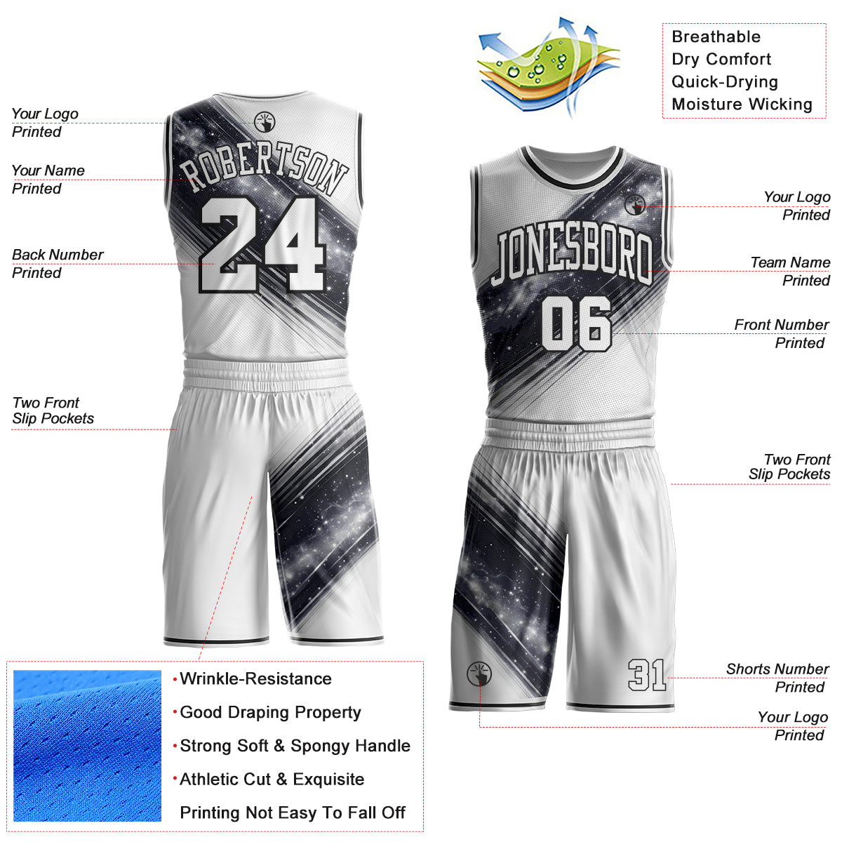 Custom White Gray-Black Nebula Starry Galaxy Space Round Neck Sublimation Basketball Uniform Jersey view 2