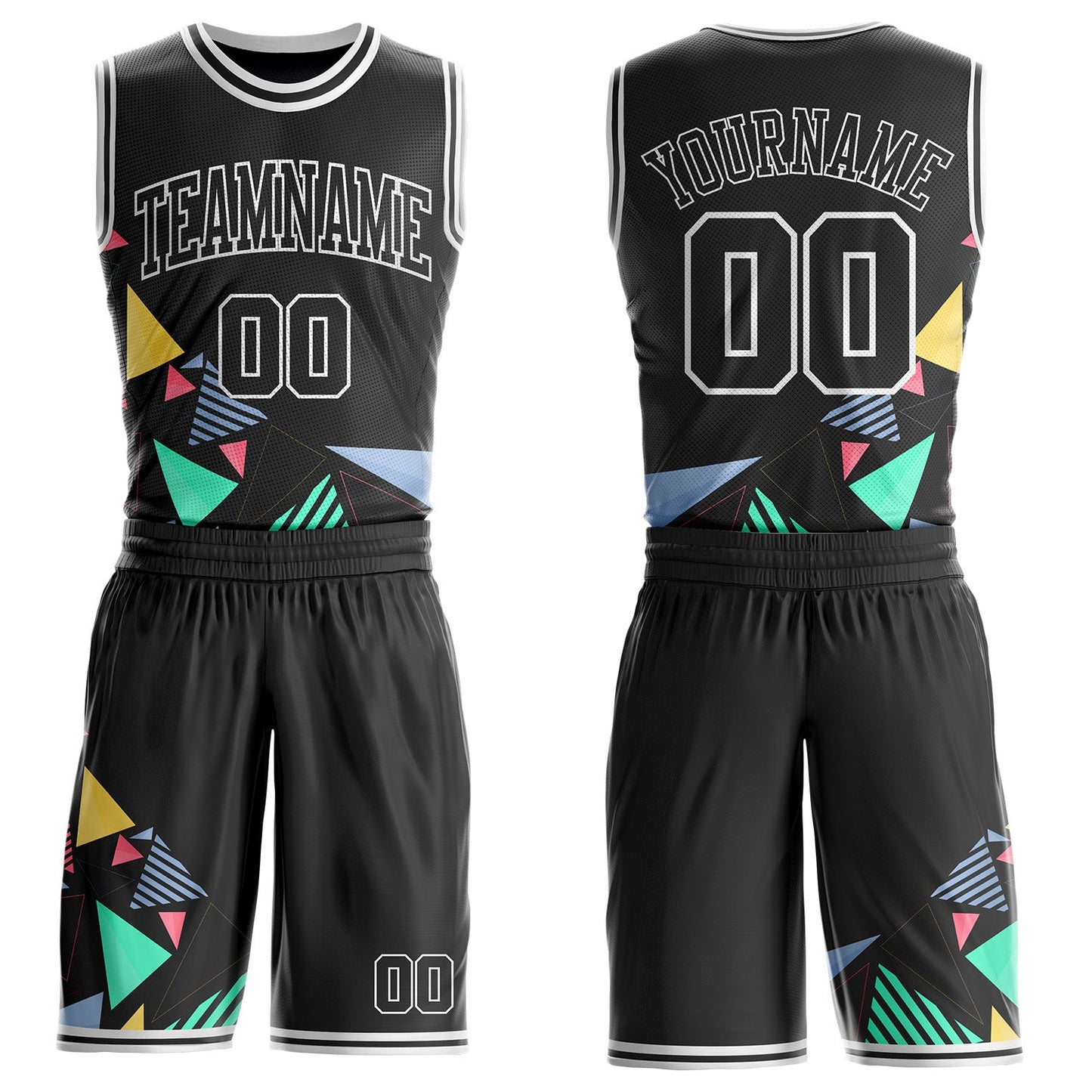 Custom Black Green Blue Pink Yellow-White Geometric Triangle Round Neck Sublimation Basketball Uniform Jersey - Main View