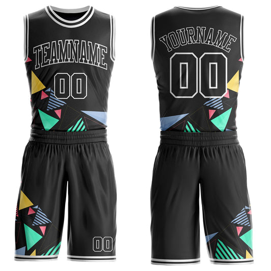 Custom Black Green Blue Pink Yellow-White Geometric Triangle Round Neck Sublimation Basketball Uniform Jersey - Main View