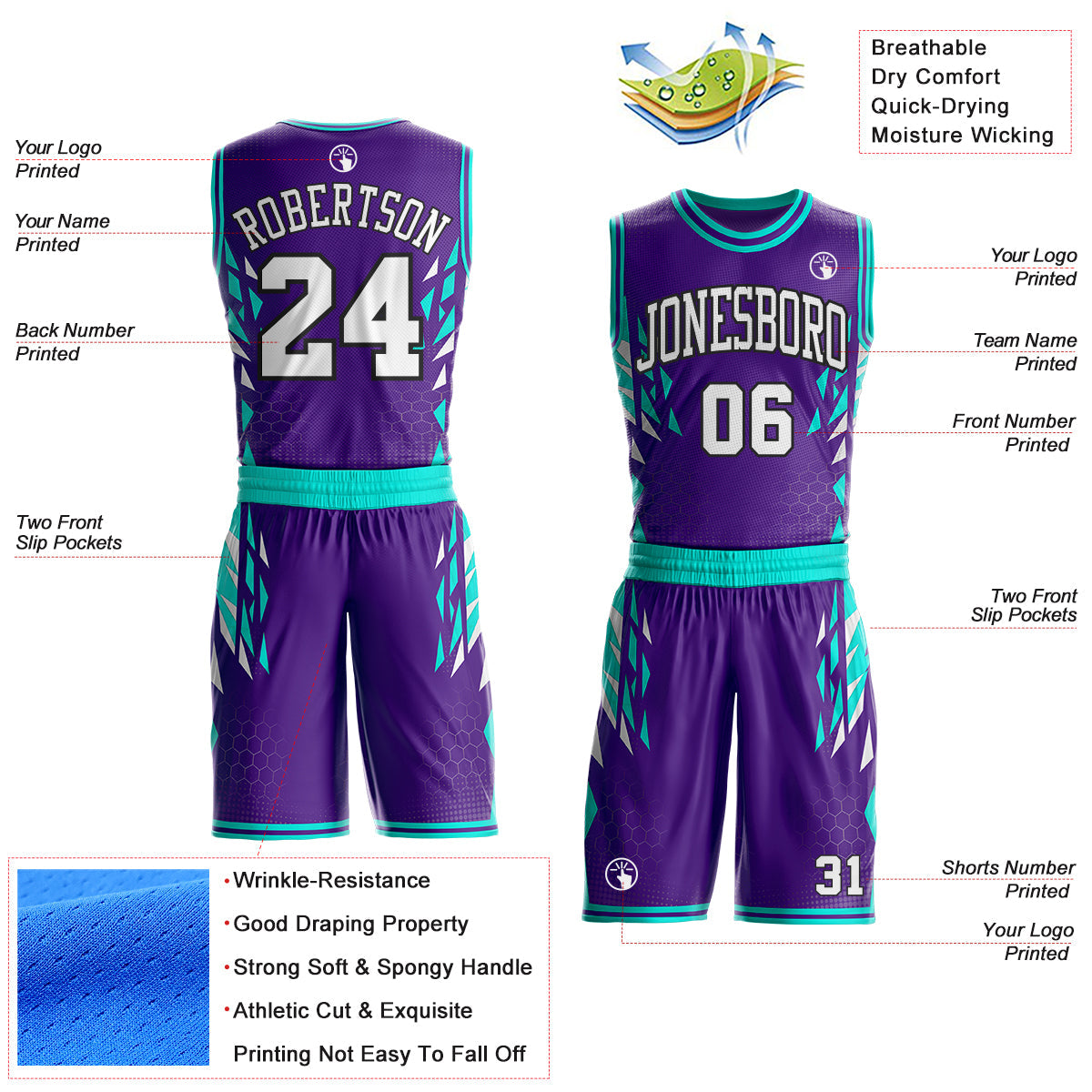 Custom Purple White Green-Black Geometric Triangle Round Neck Sublimation Basketball Uniform Jersey view 2