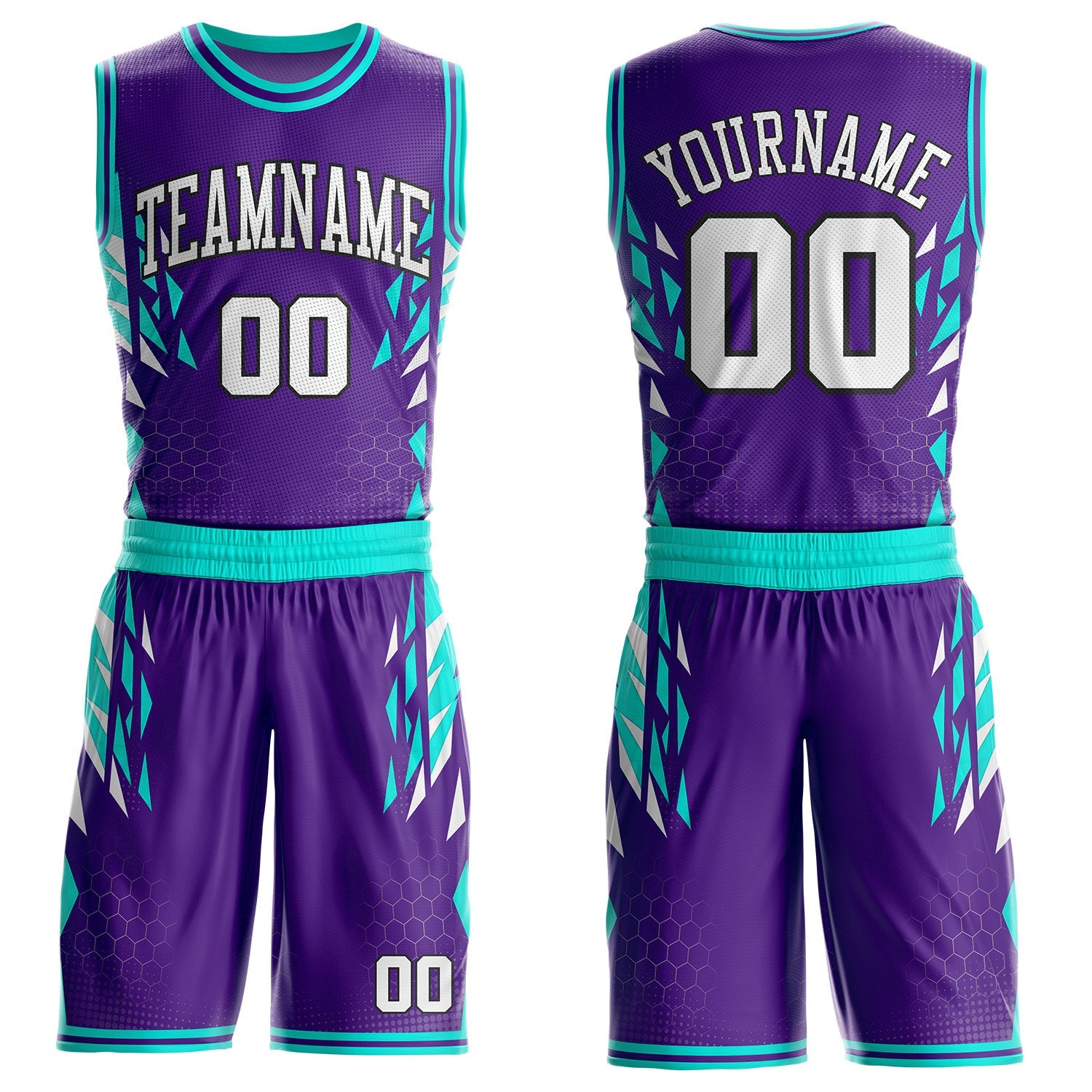 Custom Purple White Green-Black Geometric Triangle Round Neck Sublimation Basketball Uniform Jersey - Main View