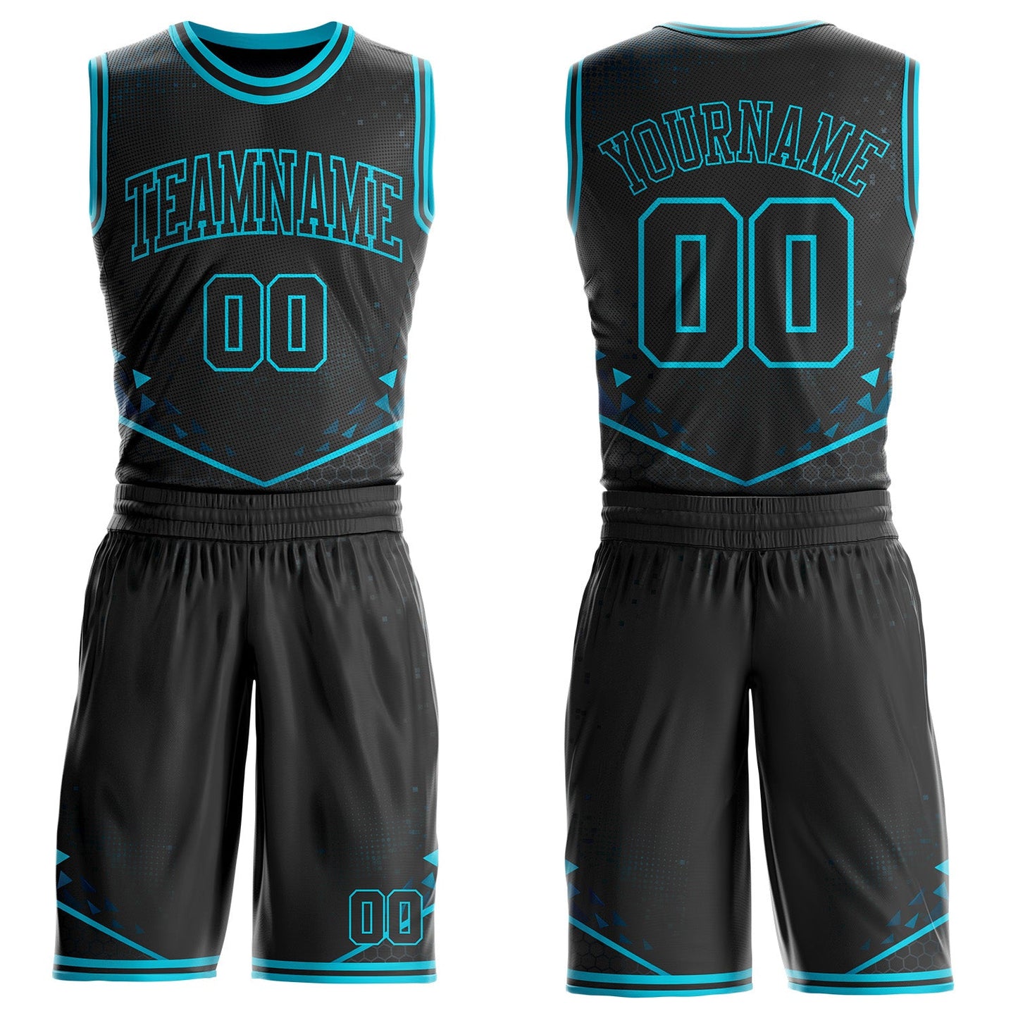 Custom Black-Blue Geometric Triangle Round Neck Sublimation Basketball Uniform Jersey - Main View