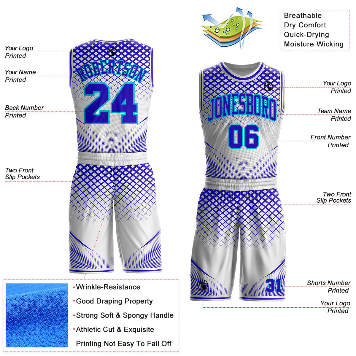 Custom White Purple-Lakes Blue Geometric Grid Round Neck Sublimation Basketball Uniform Jersey view 2