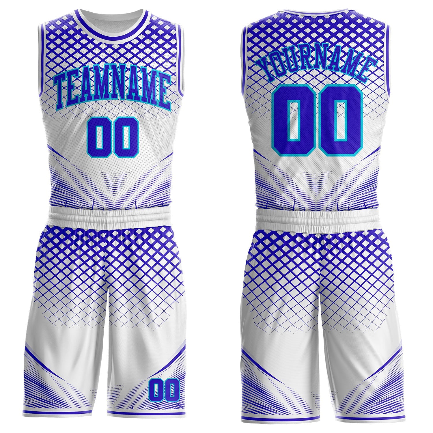 Custom White Purple-Lakes Blue Geometric Grid Round Neck Sublimation Basketball Uniform Jersey - Main View