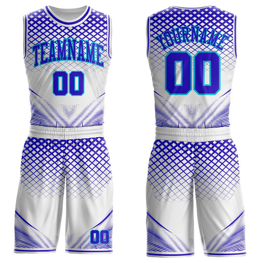 Custom White Purple-Lakes Blue Geometric Grid Round Neck Sublimation Basketball Uniform Jersey - Main View