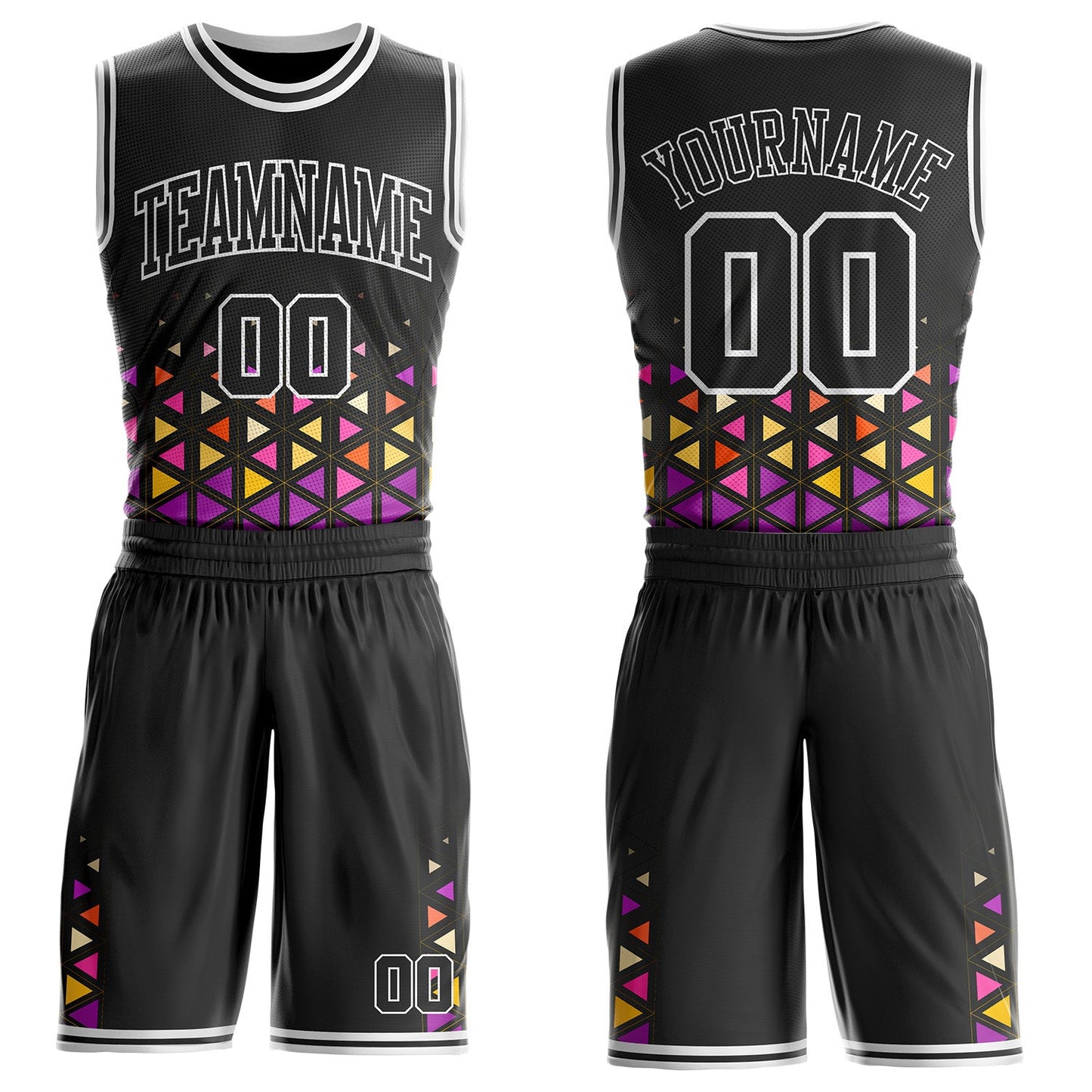 Custom Black Purple Yellow-White Geometric Triangle Round Neck Sublimation Basketball Uniform Jersey - Main View