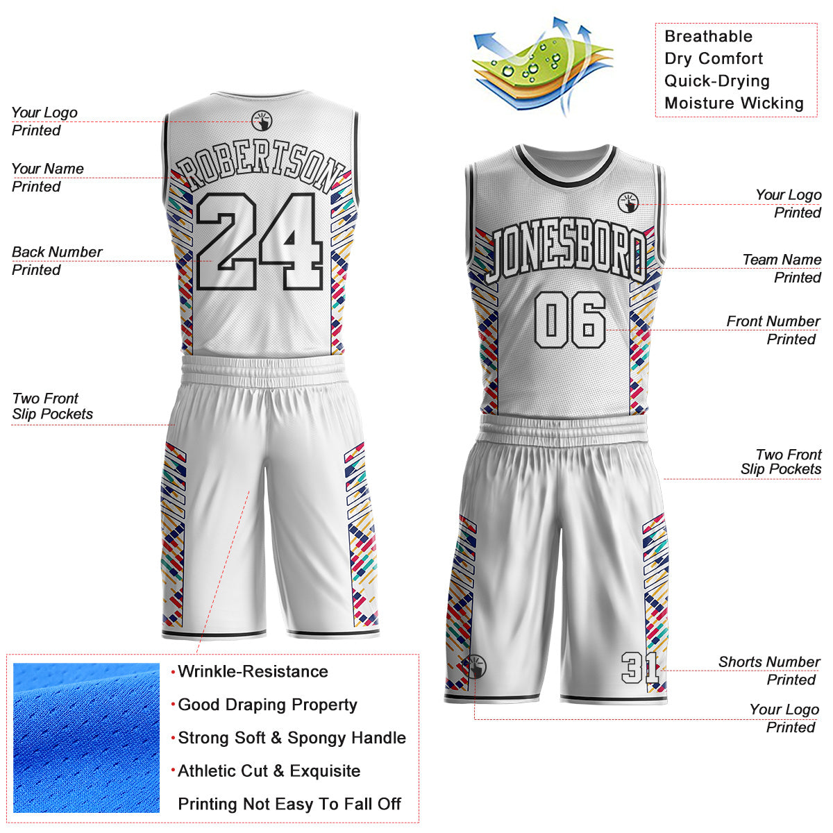 Custom White Pink Yellow-Black Tribal Stripe Round Neck Sublimation Basketball Uniform Jersey view 2