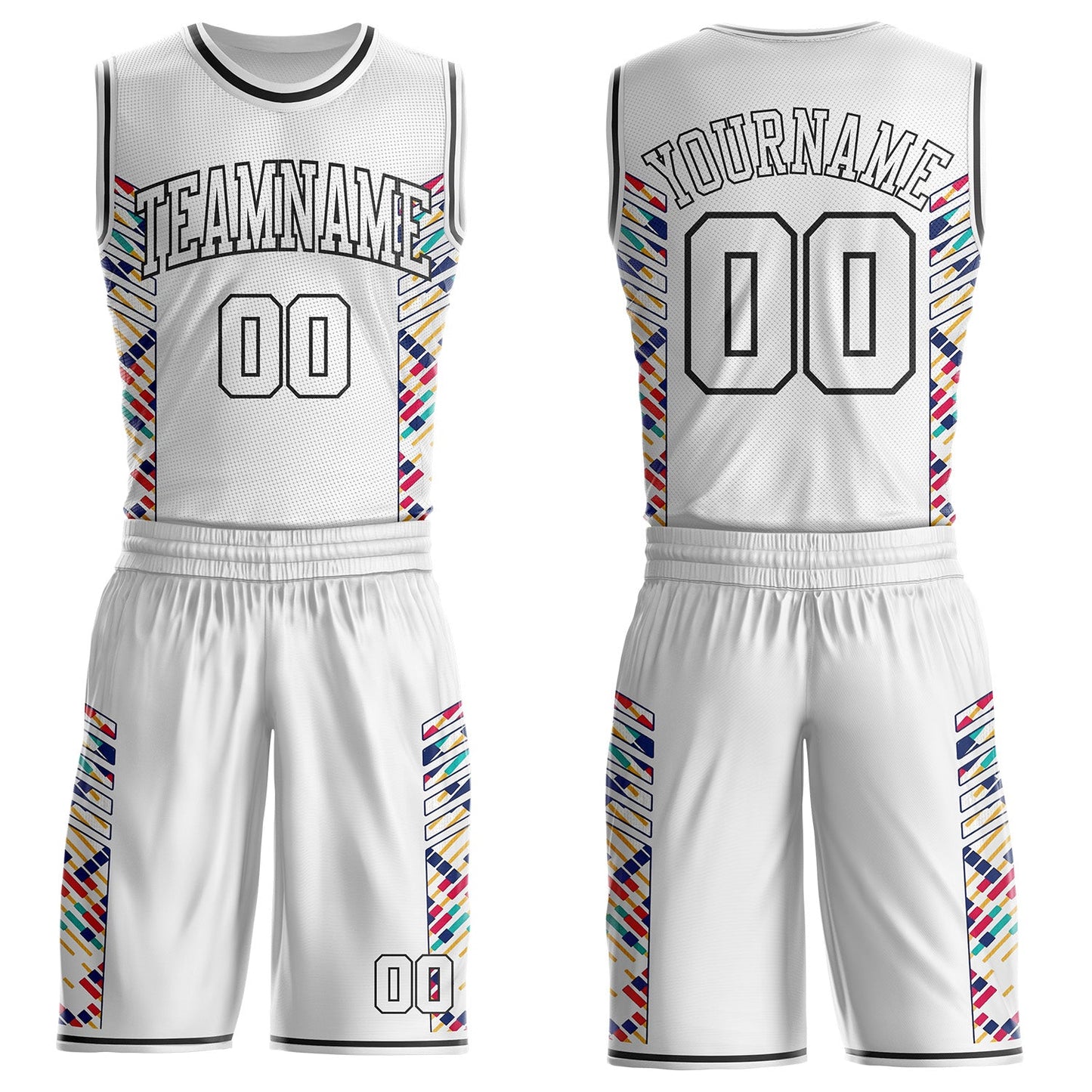Custom White Pink Yellow-Black Tribal Stripe Round Neck Sublimation Basketball Uniform Jersey - Main View