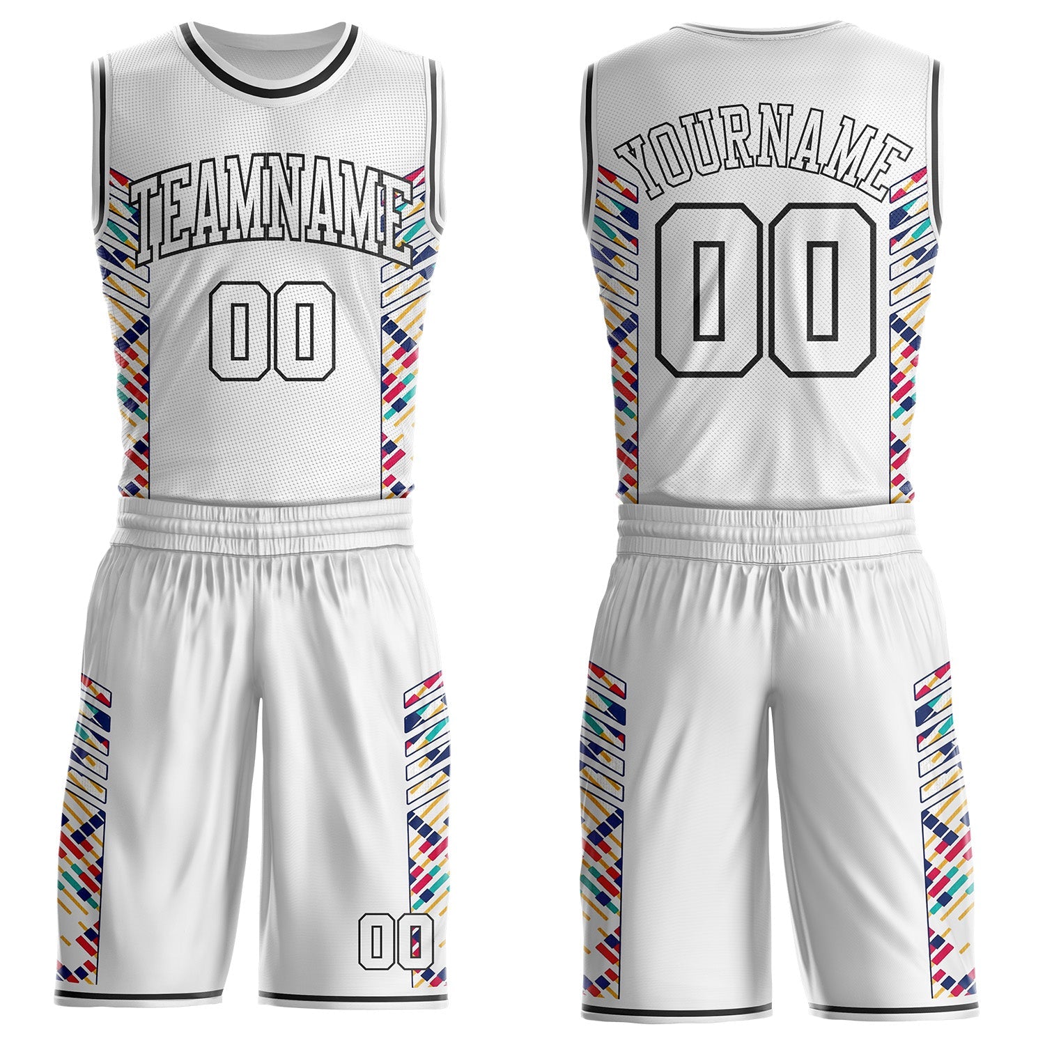 Custom White Pink Yellow-Black Tribal Stripe Round Neck Sublimation Basketball Uniform Jersey - Main View