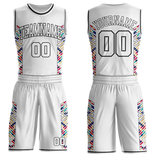Custom White Pink Yellow-Black Tribal Stripe Round Neck Sublimation Basketball Uniform Jersey - Main View