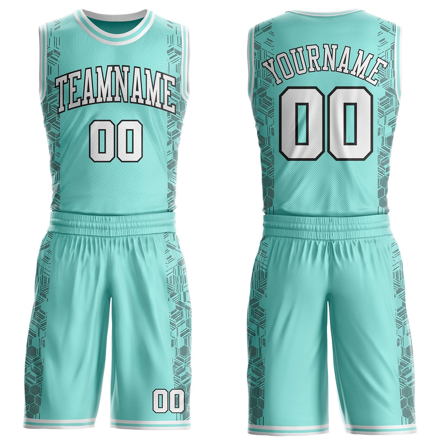 Custom Ice Blue White-Black Geometric Hexagon Line Net Round Neck Sublimation Basketball Uniform Jersey - Main View