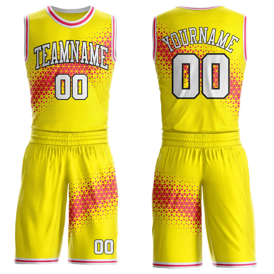 Custom Light Yellow White Neon Pink-Black Geometric Triangle Gradient Round Neck Sublimation Basketball Uniform Jersey - Main View