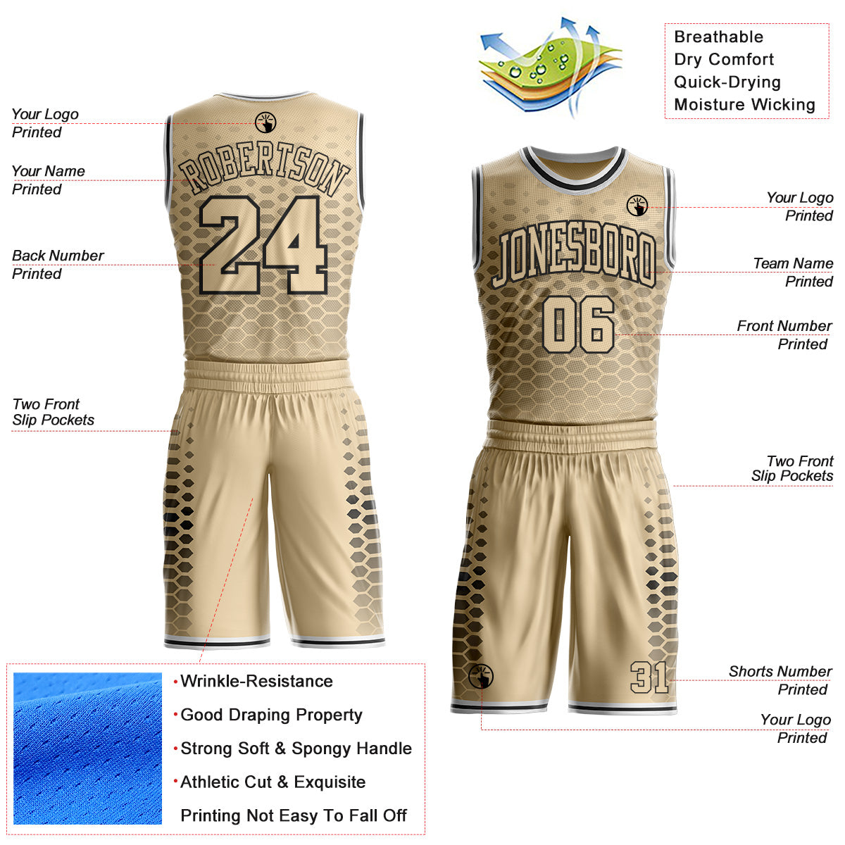 Custom City Cream Black-White Geometric Hexagon Gradient Round Neck Sublimation Basketball Uniform Jersey view 2