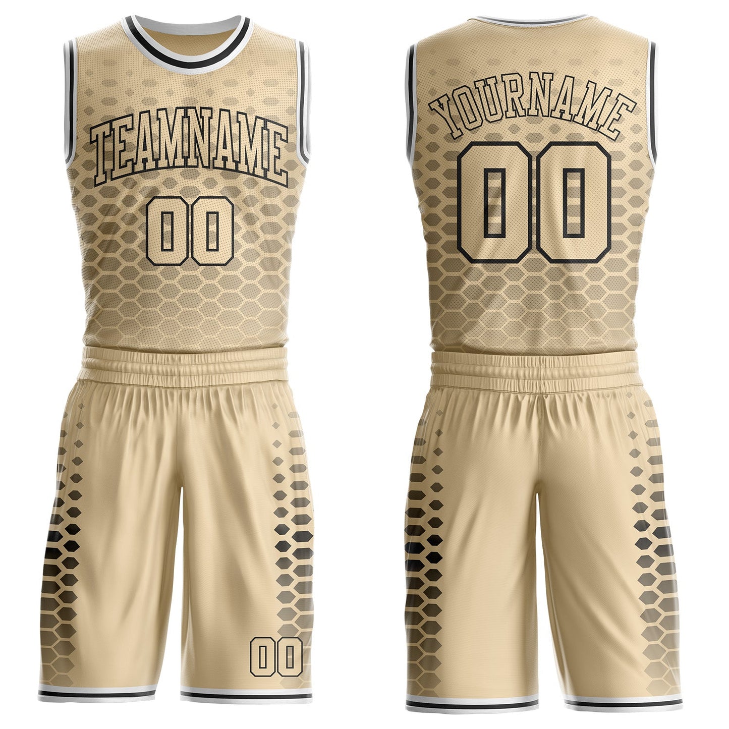 Custom City Cream Black-White Geometric Hexagon Gradient Round Neck Sublimation Basketball Uniform Jersey - Main View