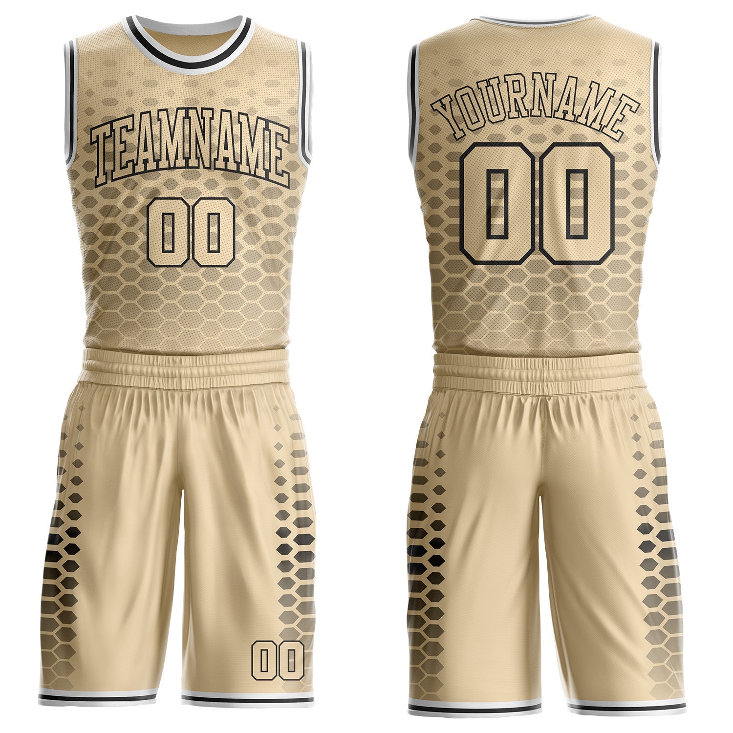 Custom City Cream Black-White Geometric Hexagon Gradient Round Neck Sublimation Basketball Uniform Jersey - Main View
