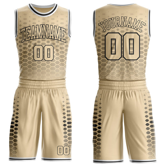 Custom City Cream Black-White Geometric Hexagon Gradient Round Neck Sublimation Basketball Uniform Jersey - Main View