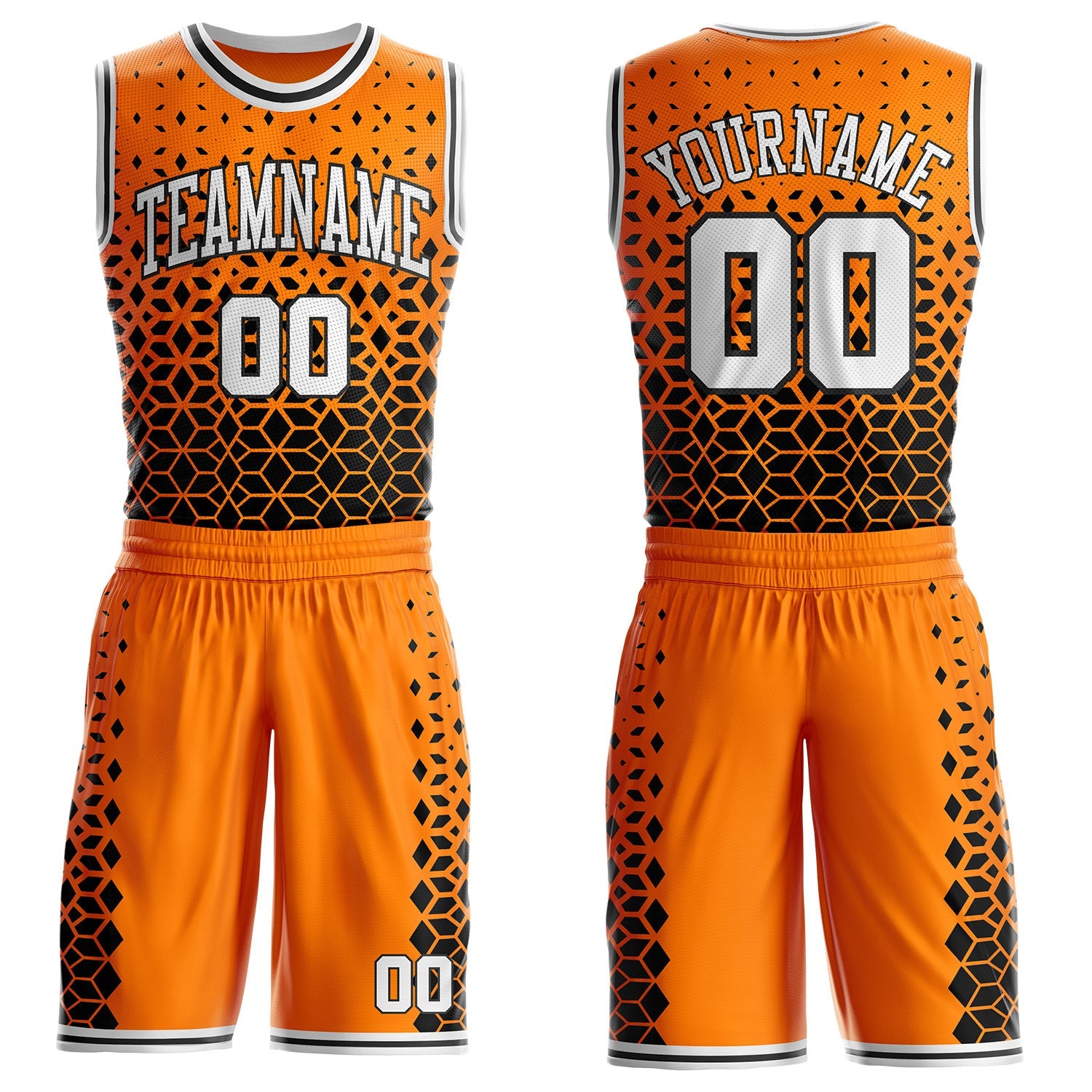 Custom Bay Orange White-Black Geometric Hexagon Gradient Round Neck Sublimation Basketball Uniform Jersey - Main View
