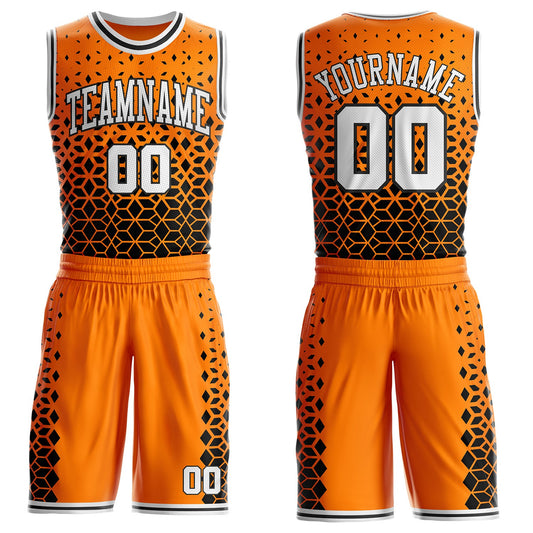 Custom Bay Orange White-Black Geometric Hexagon Gradient Round Neck Sublimation Basketball Uniform Jersey - Main View