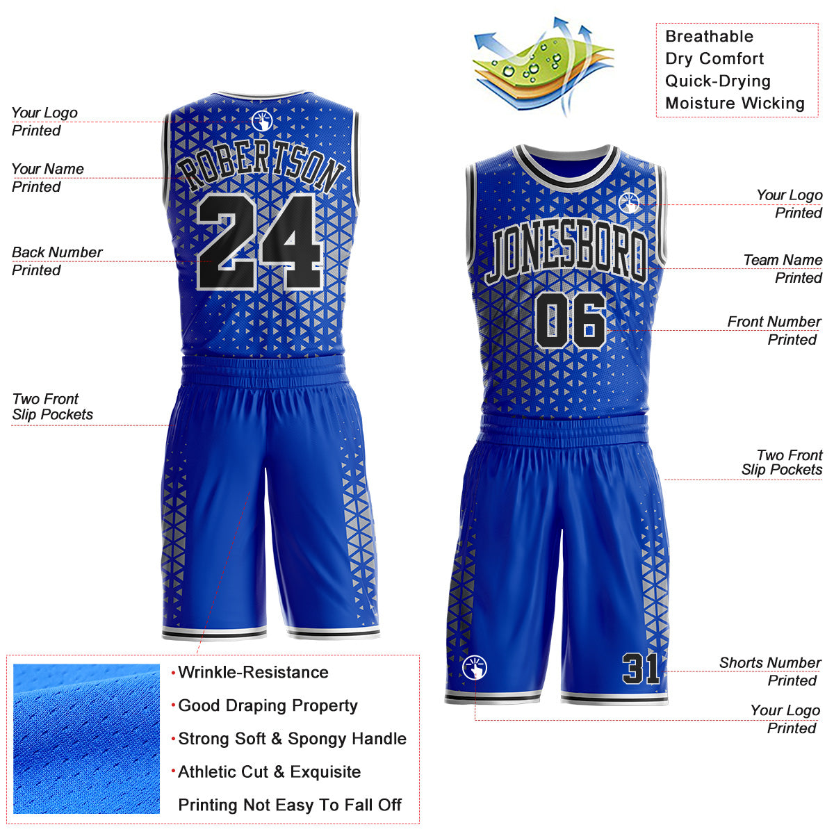 Custom Thunder Blue Black-White Geometric Triangle Grid Round Neck Sublimation Basketball Uniform Jersey view 2