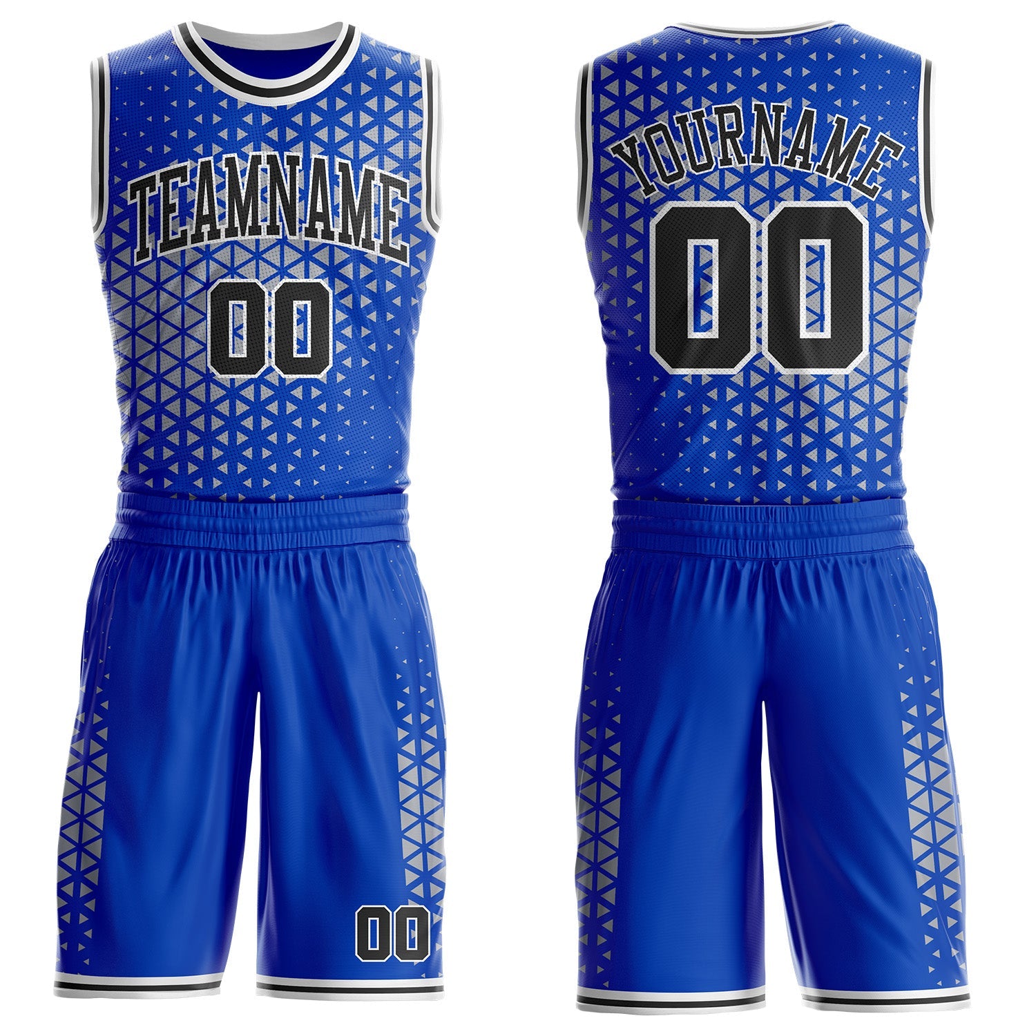 Custom Thunder Blue Black-White Geometric Triangle Grid Round Neck Sublimation Basketball Uniform Jersey - Main View