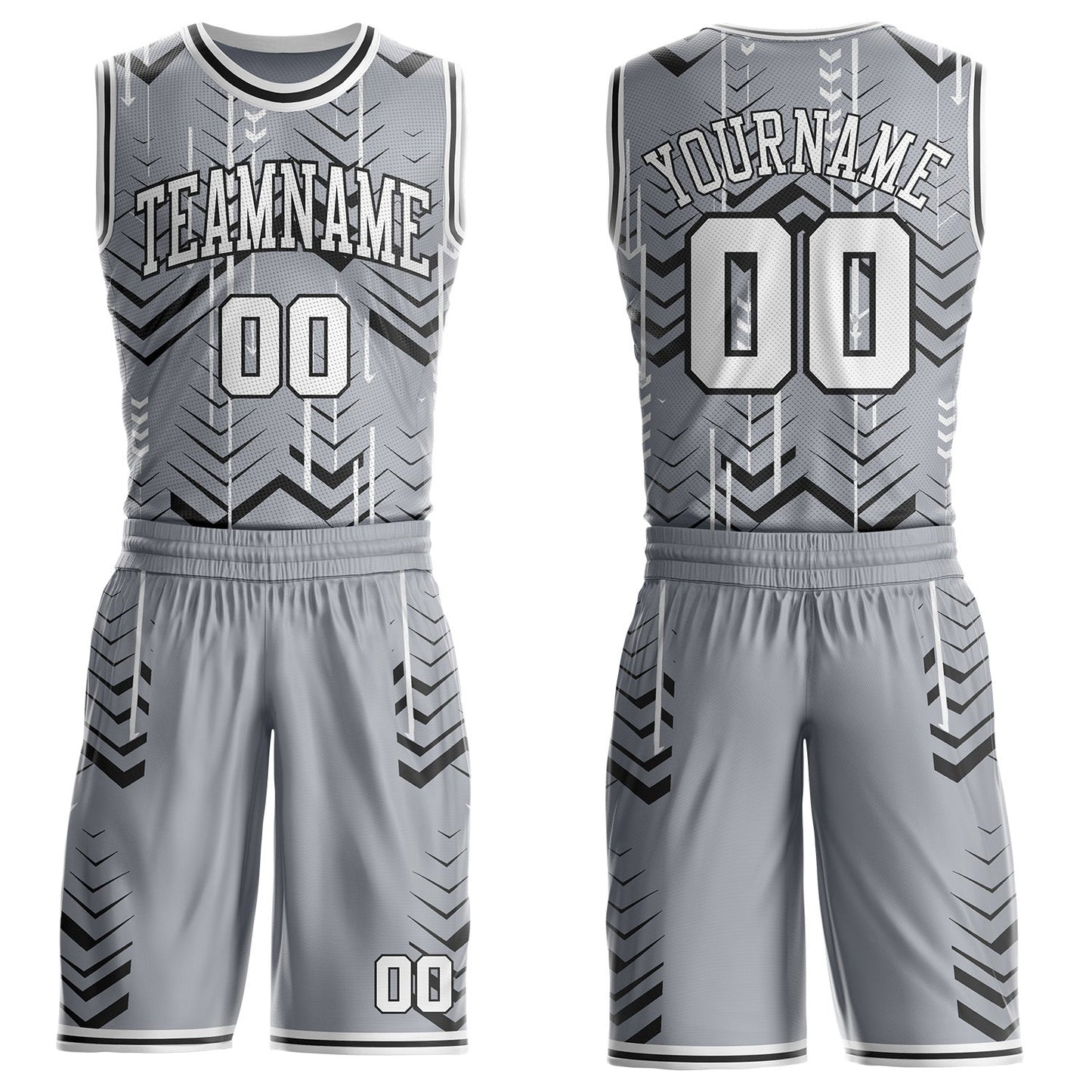 Custom Gray White-Black Geometric Chevron Pattern Round Neck Sublimation Basketball Uniform Jersey - Main View