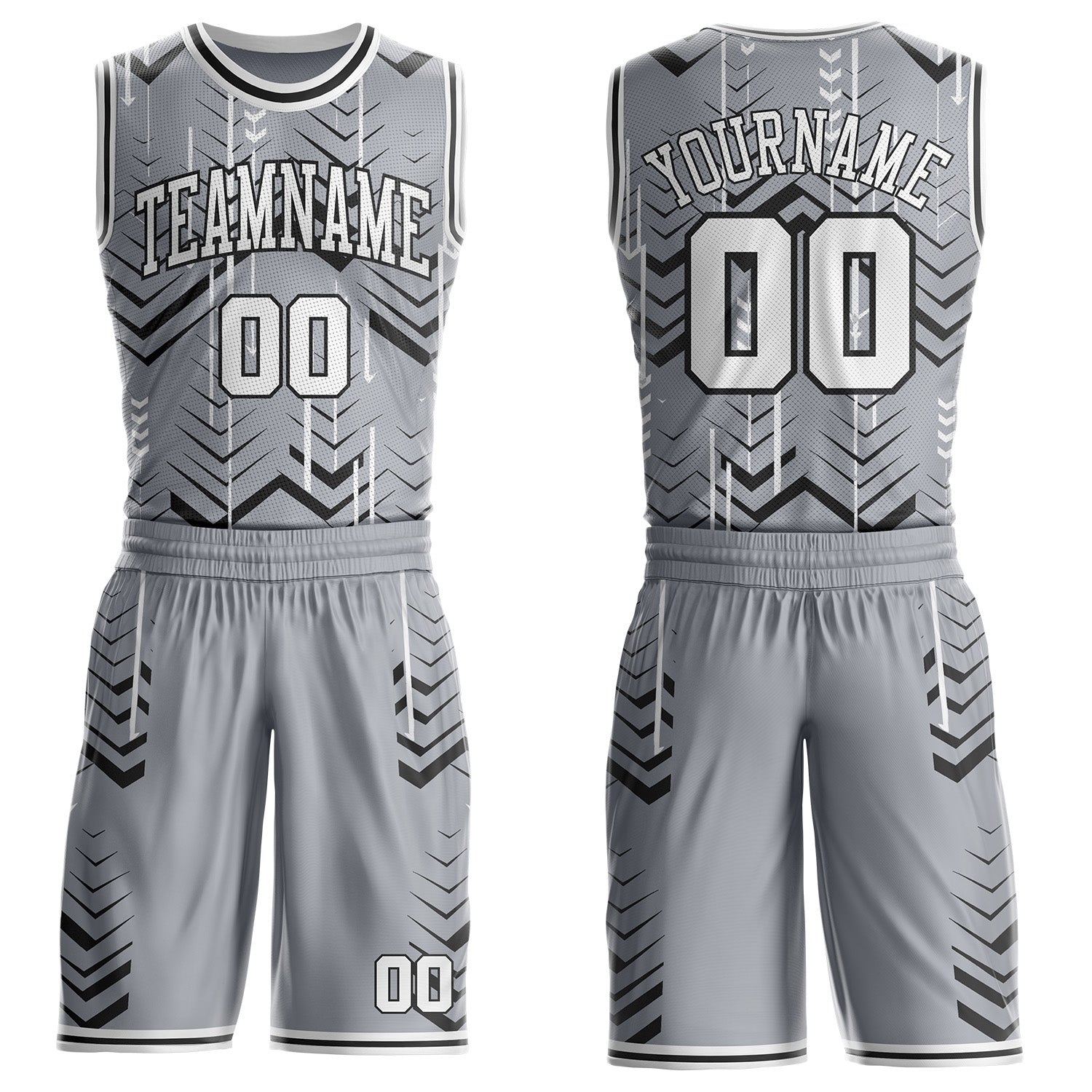 Custom Gray White-Black Geometric Chevron Pattern Round Neck Sublimation Basketball Uniform Jersey - Main View