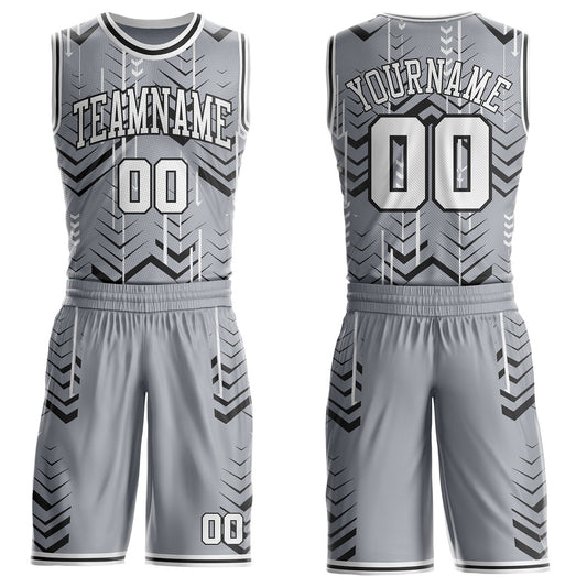 Custom Gray White-Black Geometric Chevron Pattern Round Neck Sublimation Basketball Uniform Jersey - Main View