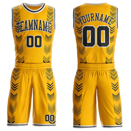 Custom Gold Black-White Geometric Chevron Pattern Round Neck Sublimation Basketball Uniform Jersey - Main View