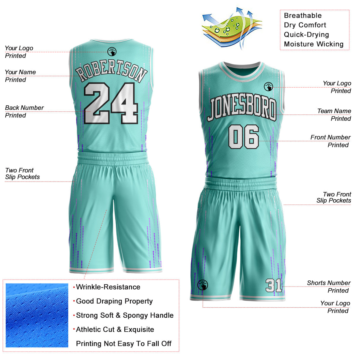 Custom Ice Blue White-Black Dot Line Gradient Round Neck Sublimation Basketball Uniform Jersey view 2